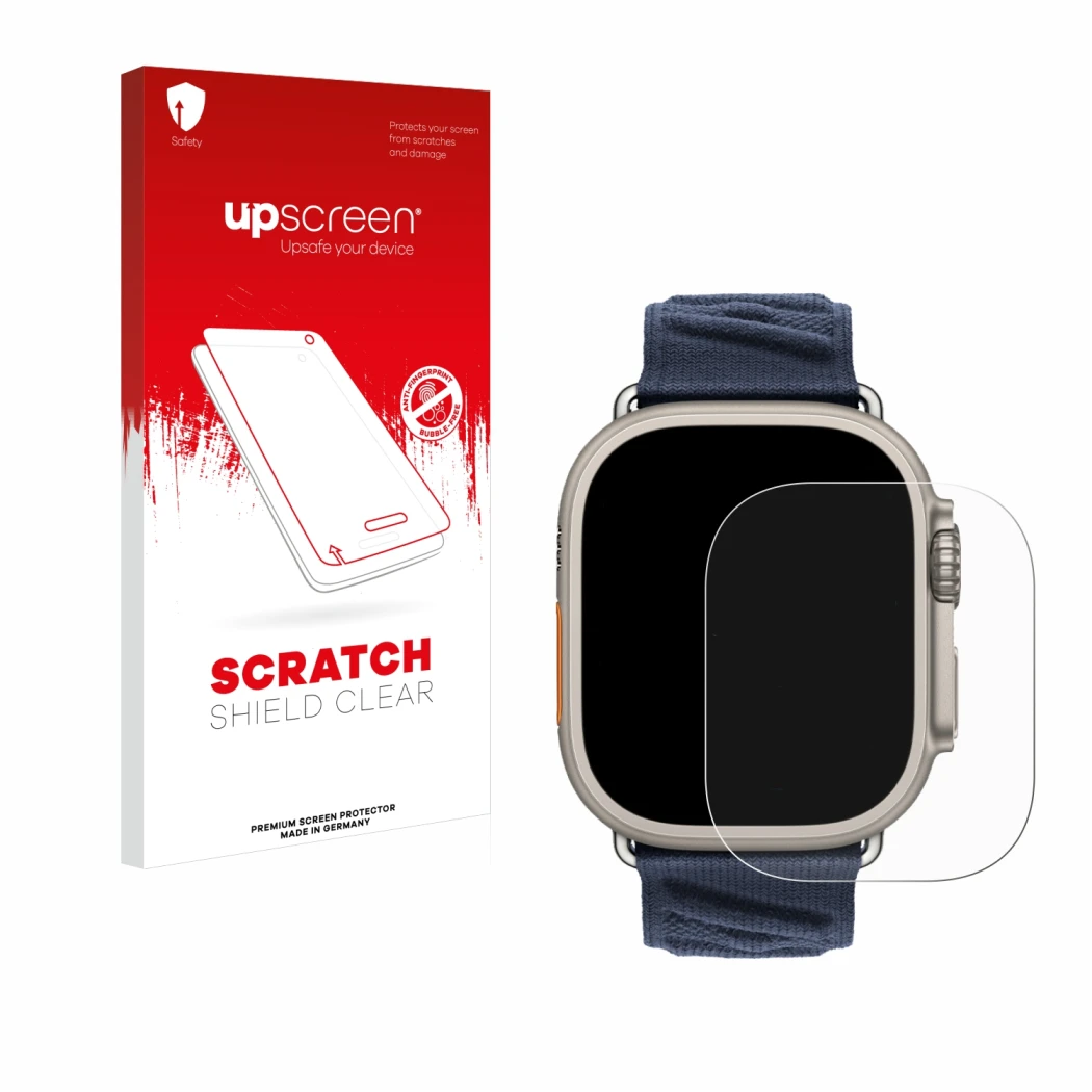 Face avant d’un emballage produit avec le logo de la marque upscreen. À côté, l’appareil Apple Watch Hermès Ultra 2 est représ