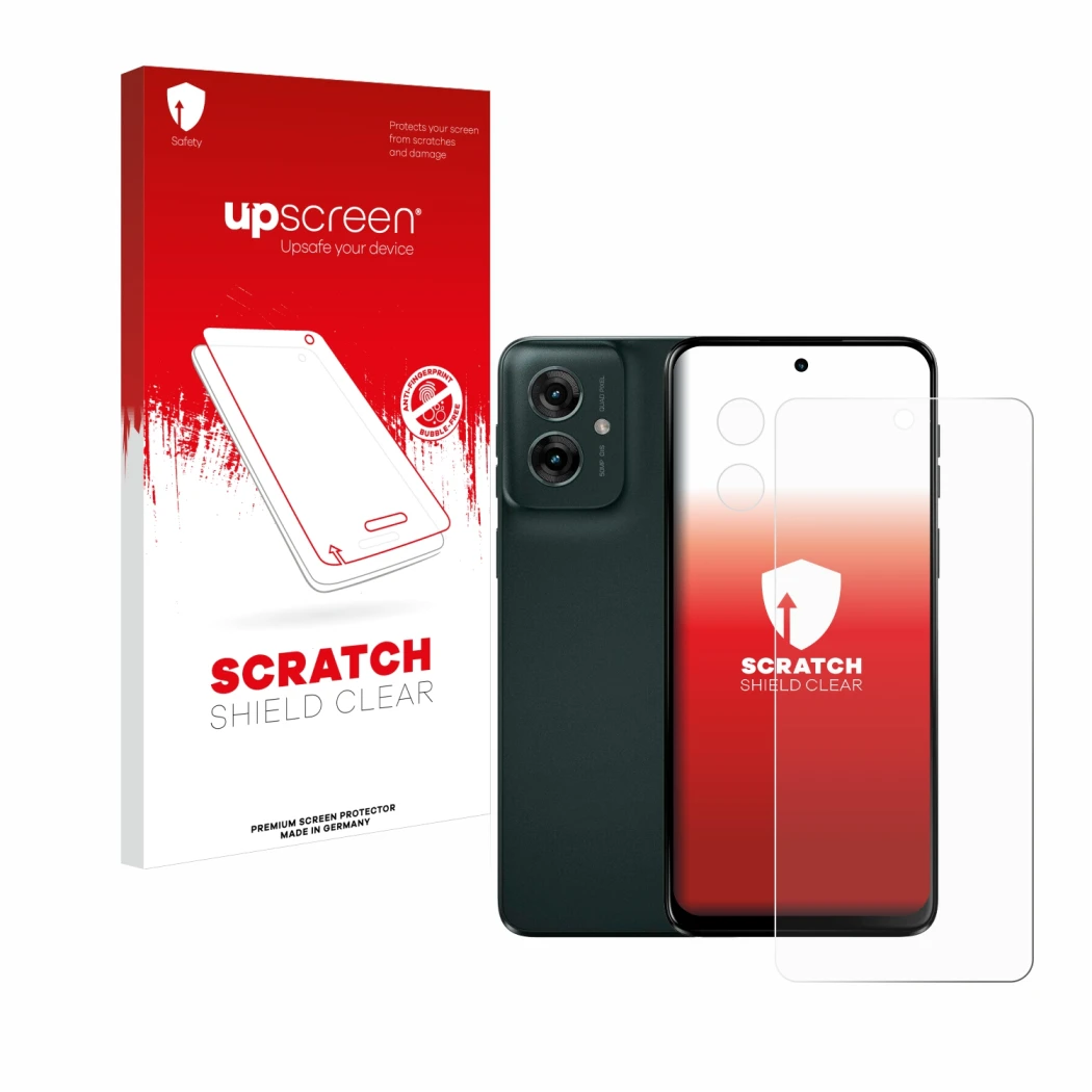 Face avant d’un emballage produit avec le logo de la marque upscreen. À côté, l’appareil Motorola Moto G55 (Avant+Caméra) est 