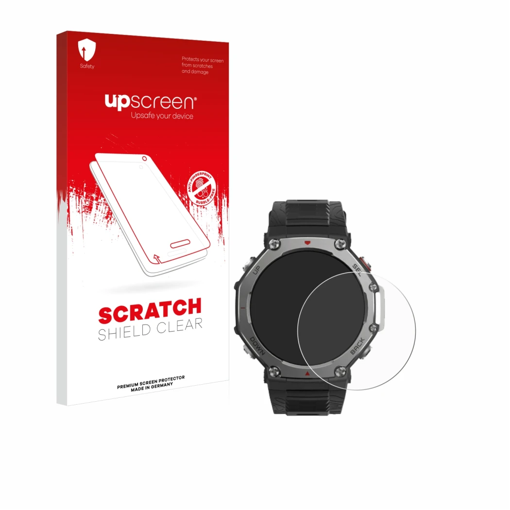 Face avant d’un emballage produit avec le logo de la marque upscreen. À côté, l’appareil Huami Amazfit T-Rex 3 est représenté