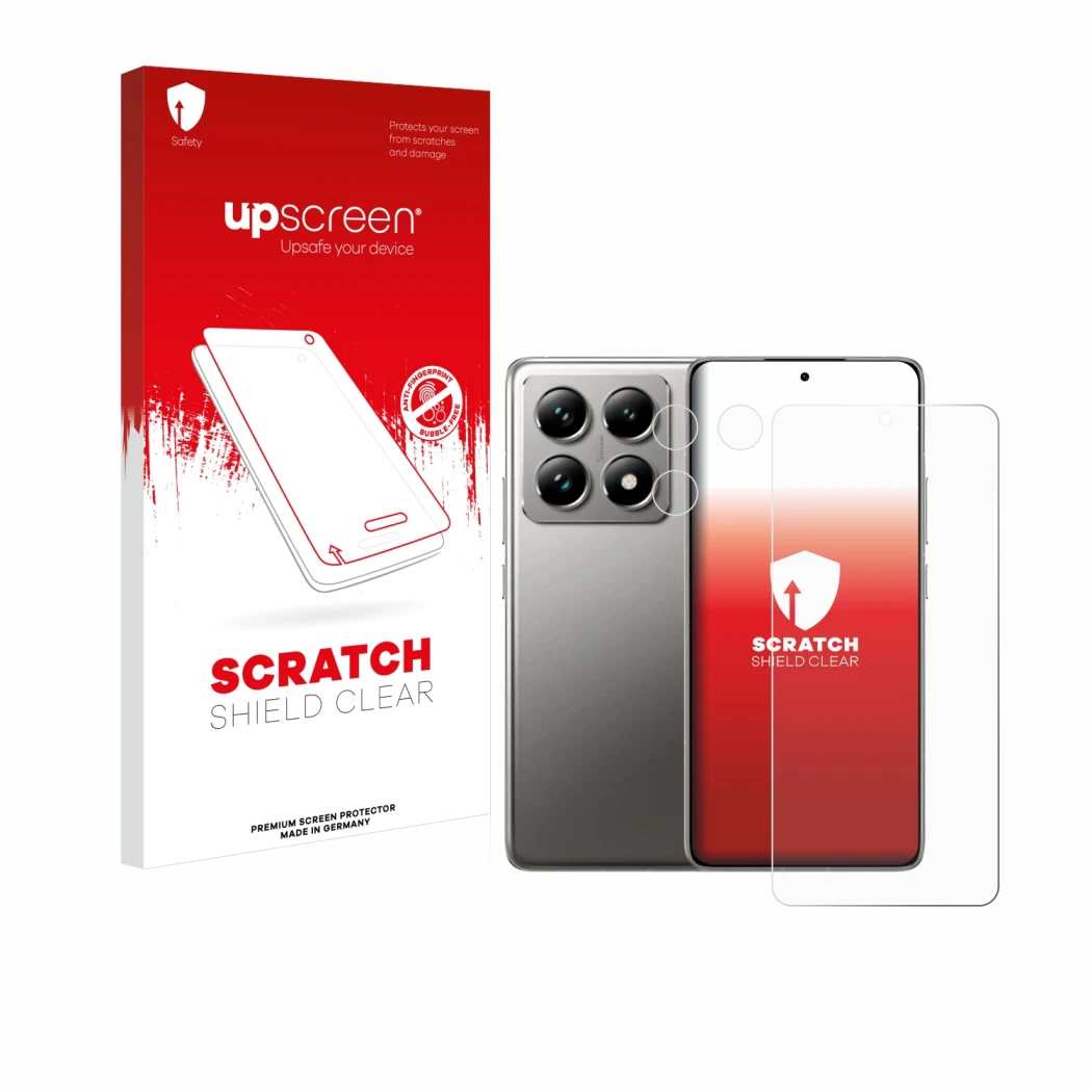 Face avant d’un emballage produit avec le logo de la marque upscreen. À côté, l’appareil Xiaomi 14T Pro (Avant+Caméra) est rep