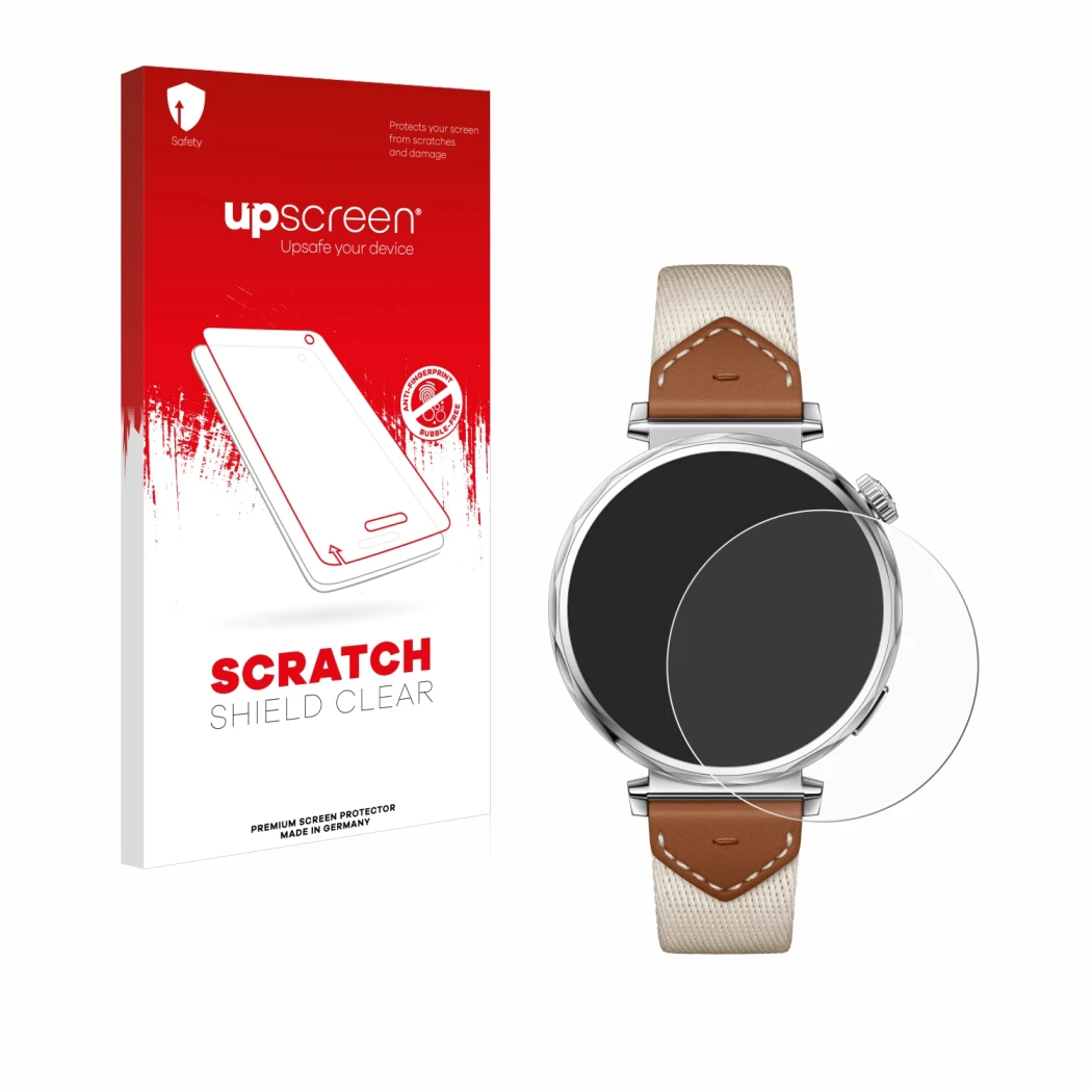 Face avant d’un emballage produit avec le logo de la marque upscreen. À côté, l’appareil Huawei Watch GT 5 (41 mm) est représe