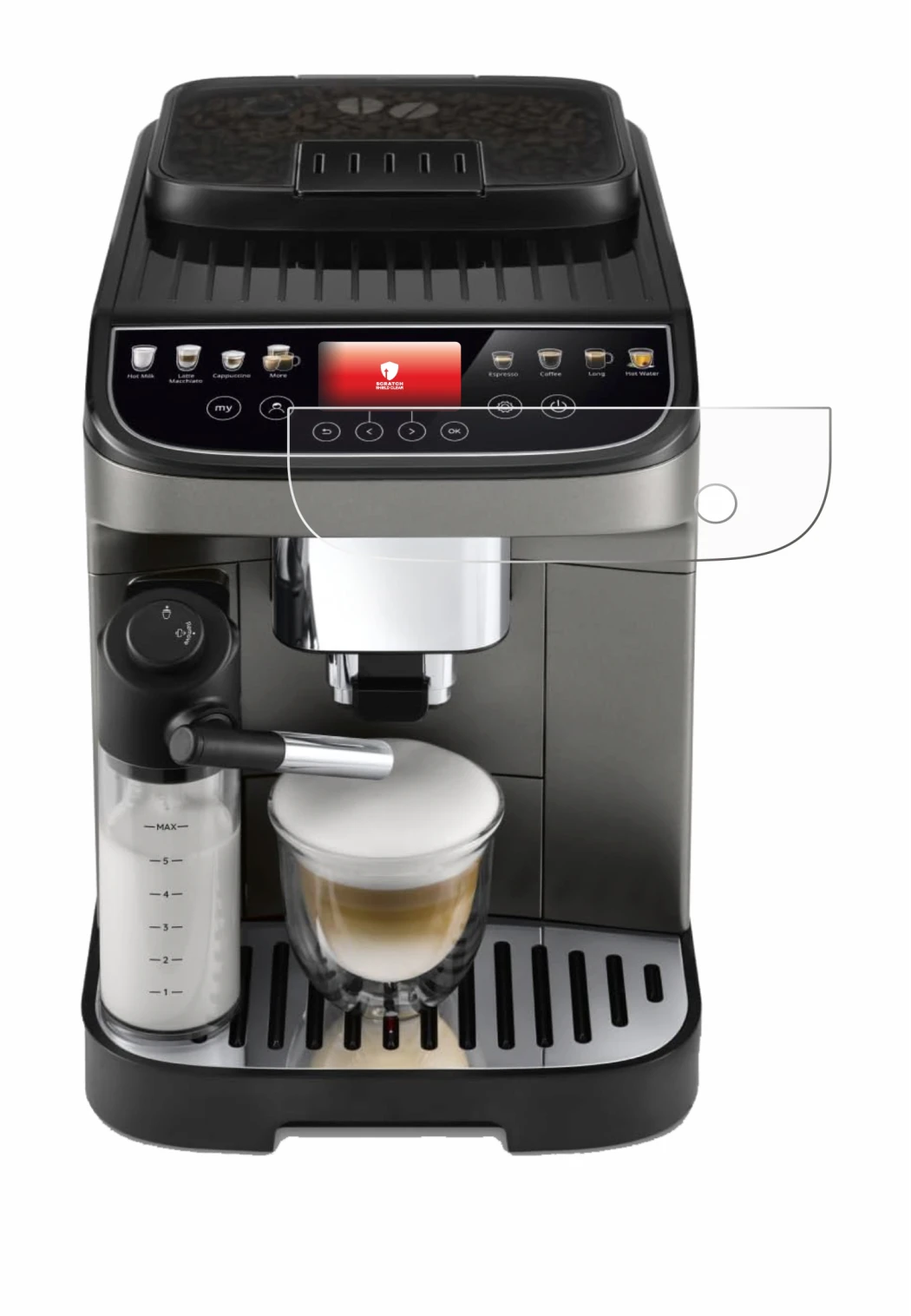Image de l'appareil DeLonghi Magnifica Evo Next avec une grande variété de protections d'écran.