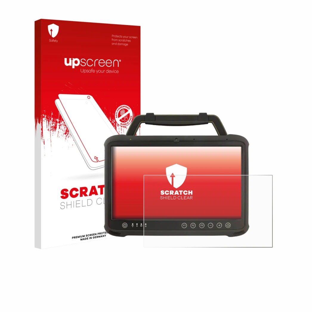 Face avant d’un emballage produit avec le logo de la marque upscreen. À côté, l’appareil Winmate M133WK est représenté avec la
