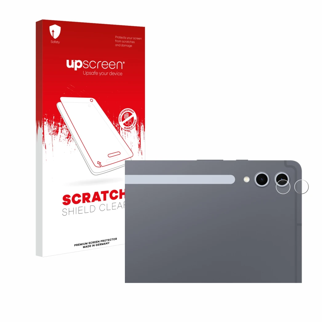 Face avant d’un emballage produit avec le logo de la marque upscreen. À côté, l’appareil Samsung Galaxy Tab S10 Plus WiFi (Cam