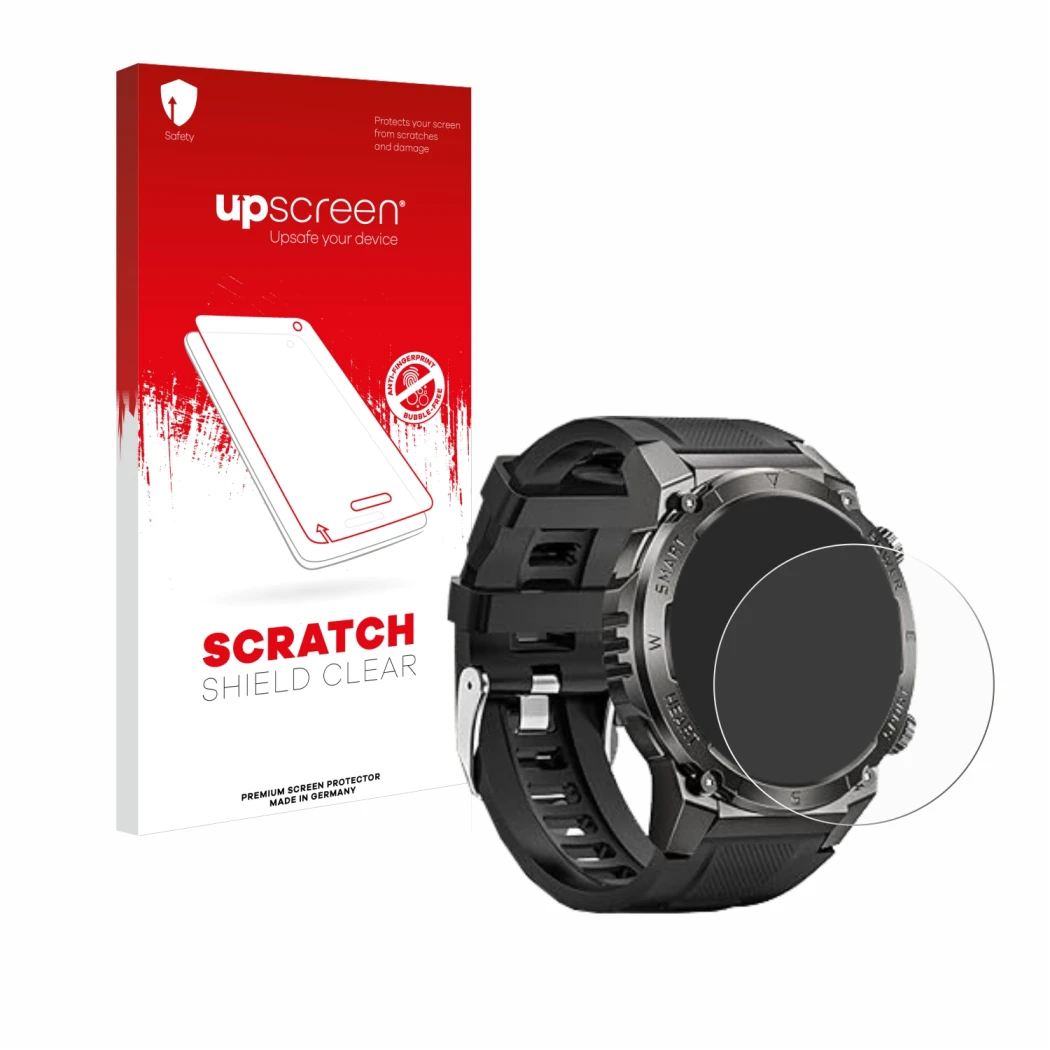 Face avant d’un emballage produit avec le logo de la marque upscreen. À côté, l’appareil Dekelife G55 1.46