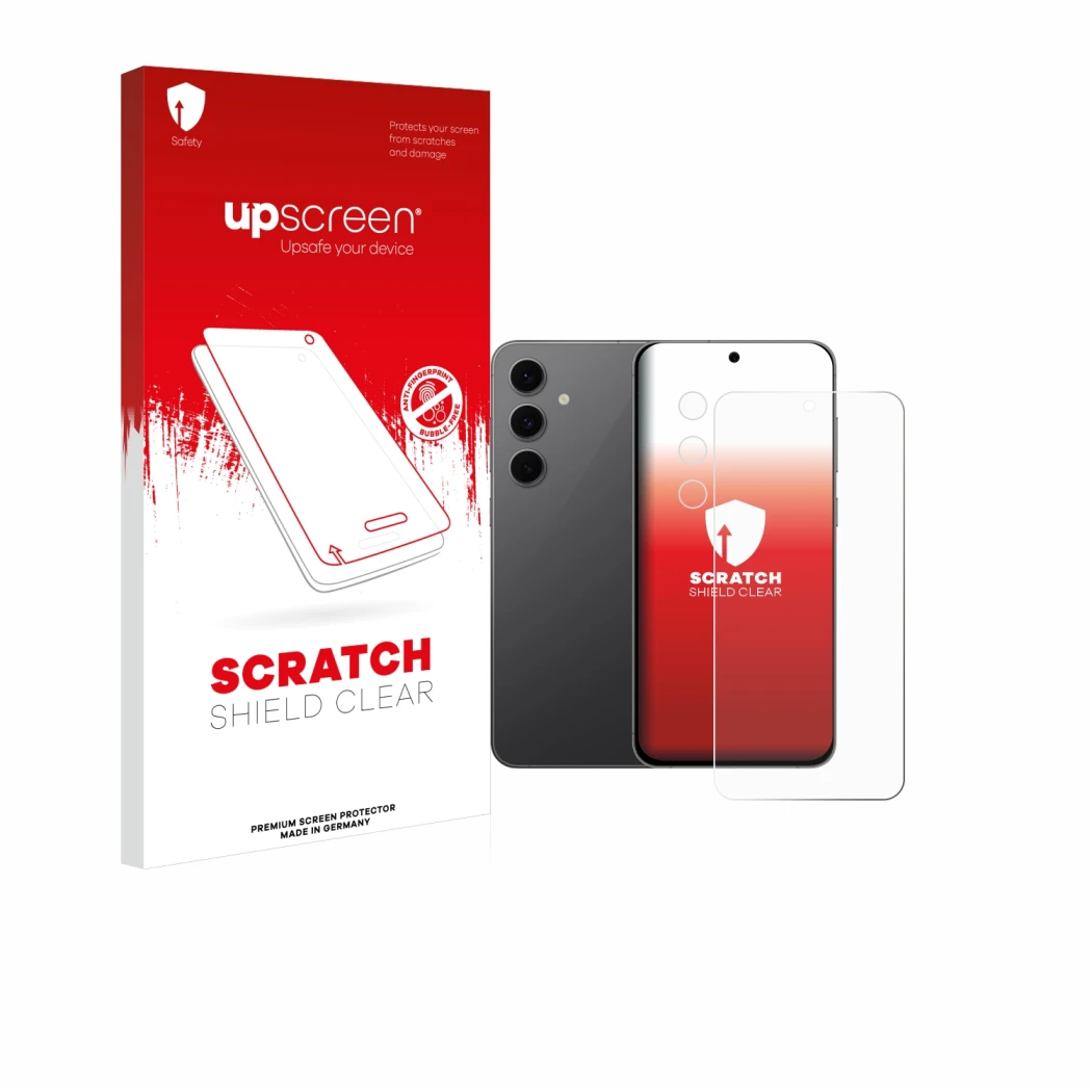 Face avant d’un emballage produit avec le logo de la marque upscreen. À côté, l’appareil Samsung Galaxy S24 FE (Avant+Caméra)