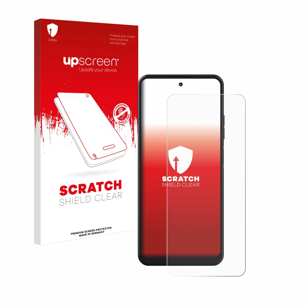 Face avant d’un emballage produit avec le logo de la marque upscreen. À côté, l’appareil Hotwav Note 12 est représenté avec la