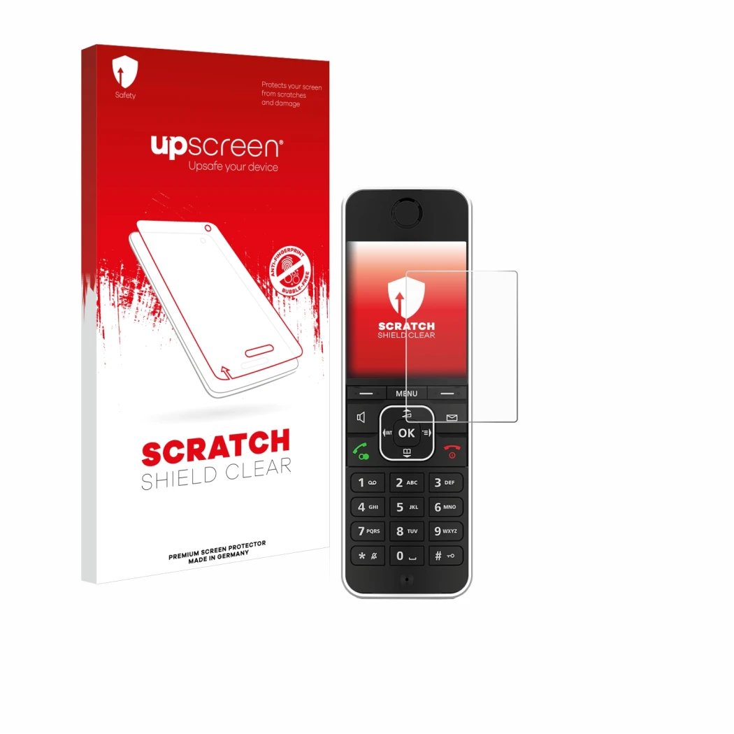 Face avant d’un emballage produit avec le logo de la marque upscreen. À côté, l’appareil AVM Fritz!Fon C6 Black est représenté