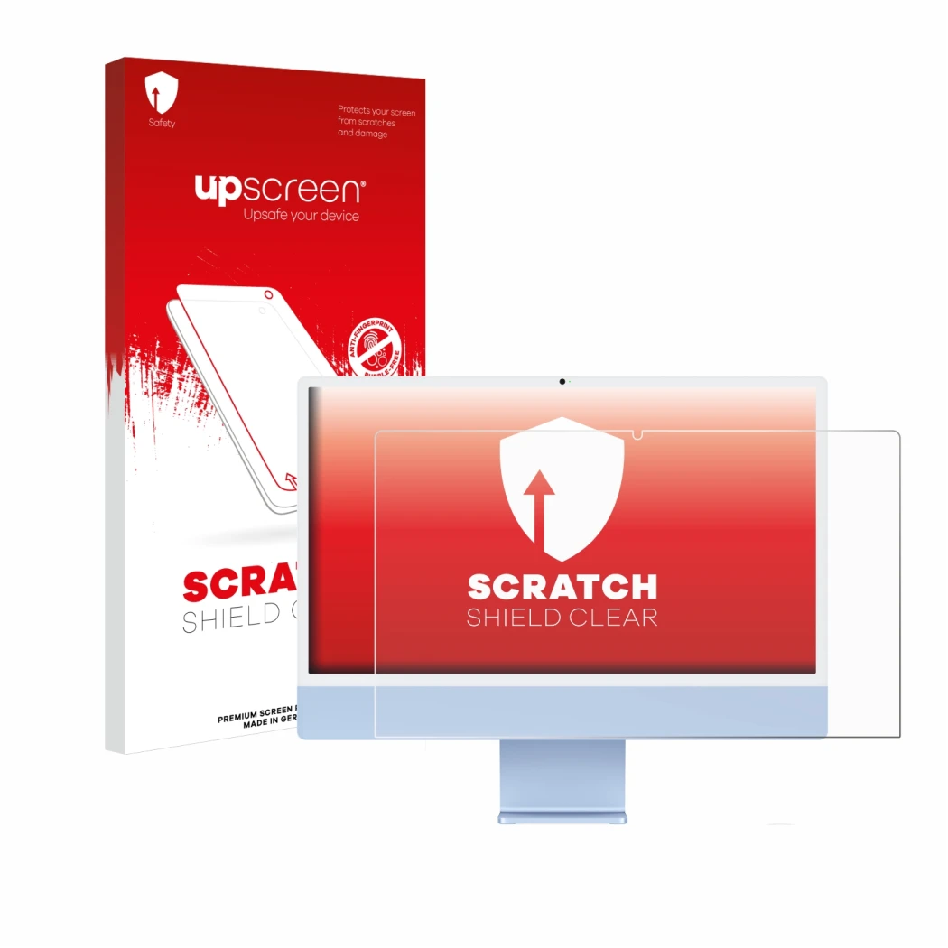 Face avant d’un emballage produit avec le logo de la marque upscreen. À côté, l’appareil Apple iMac 24
