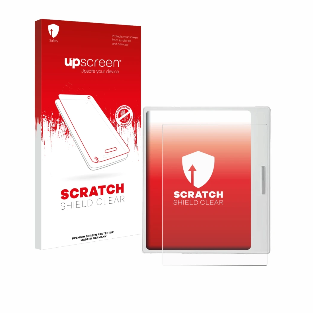 Face avant d’un emballage produit avec le logo de la marque upscreen. À côté, l’appareil Boox Go Color 7 White Edition est rep