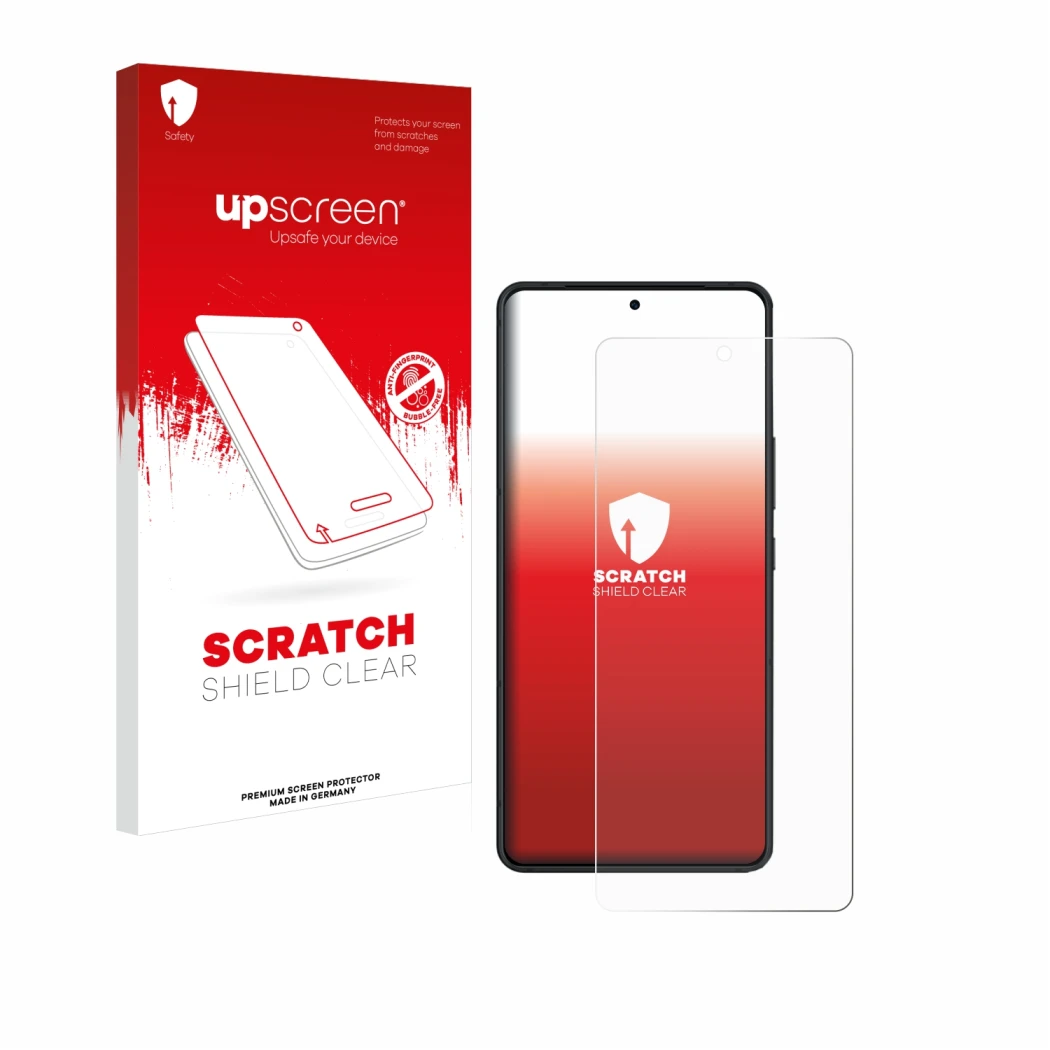 Face avant d’un emballage produit avec le logo de la marque upscreen. À côté, l’appareil ASUS ROG Phone 8 Pro Edition est repr