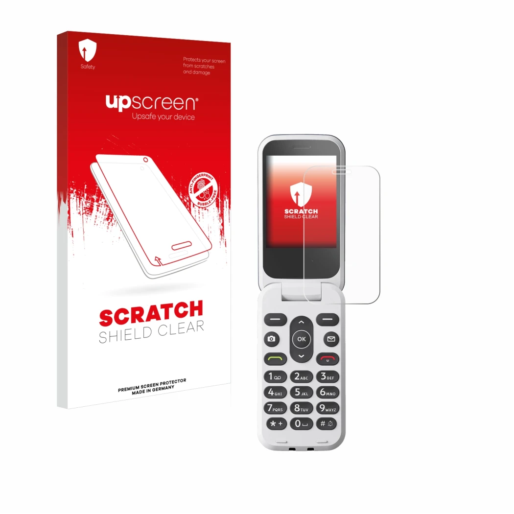 Face avant d’un emballage produit avec le logo de la marque upscreen. À côté, l’appareil Doro 2820 est représenté avec la prot