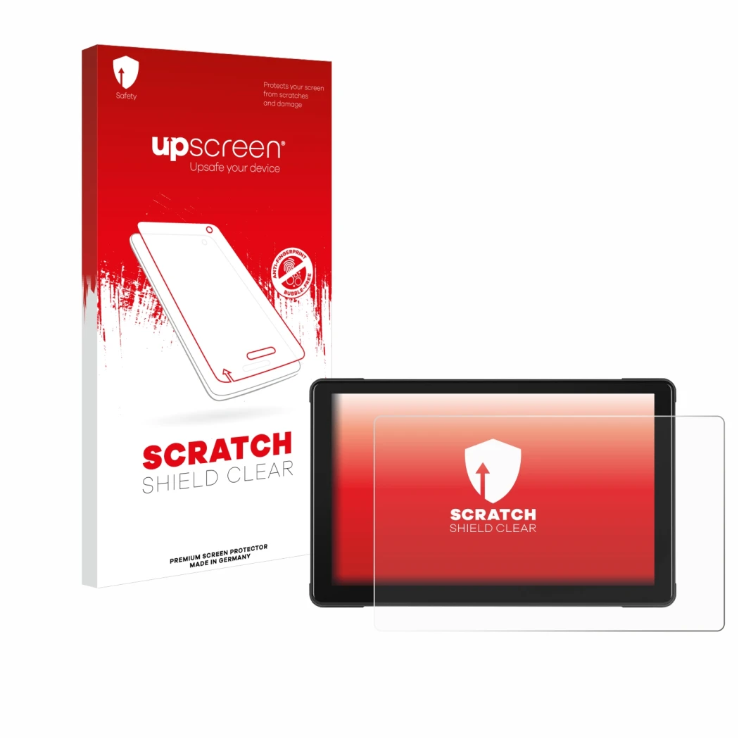 Face avant d’un emballage produit avec le logo de la marque upscreen. À côté, l’appareil Podofo Motorrad Carplay 7