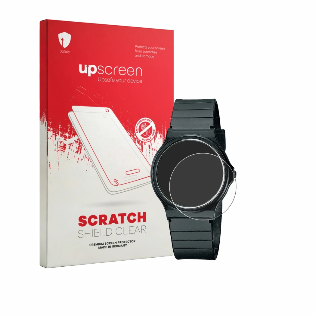 Face avant d’un emballage produit avec le logo de la marque upscreen. À côté, l’appareil Casio Collection MQ-24 est représenté