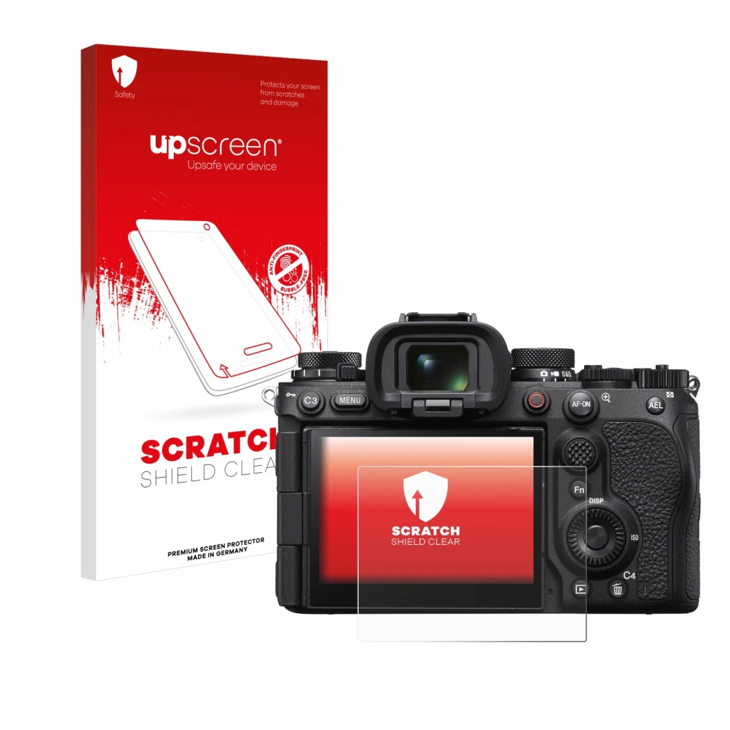 Face avant d’un emballage produit avec le logo de la marque upscreen. À côté, l’appareil Sony Alpha 1 II (ILCE1M2B) est représ