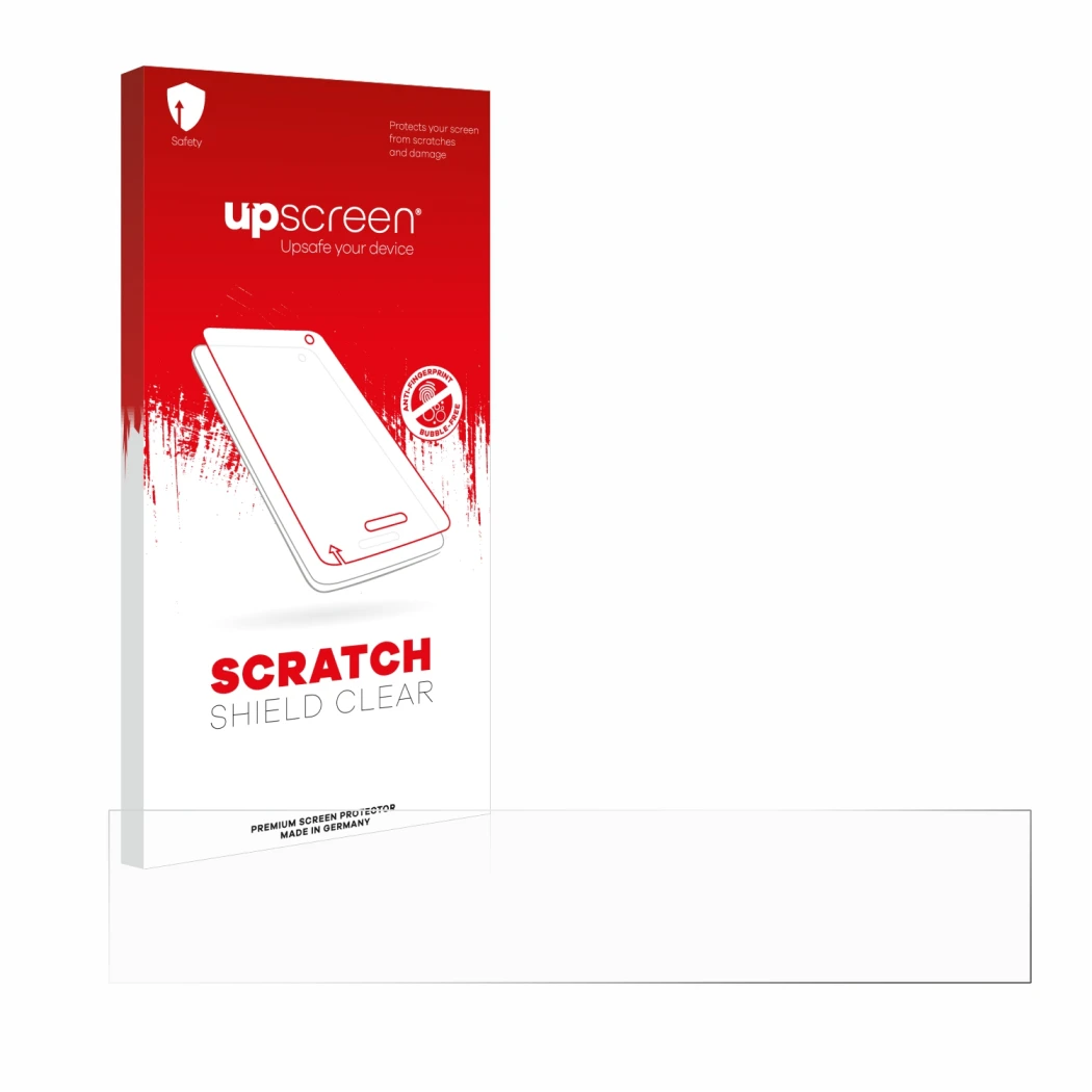 Face avant d’un emballage produit avec le logo de la marque upscreen. À côté se trouve la protection d’écran correspondante.