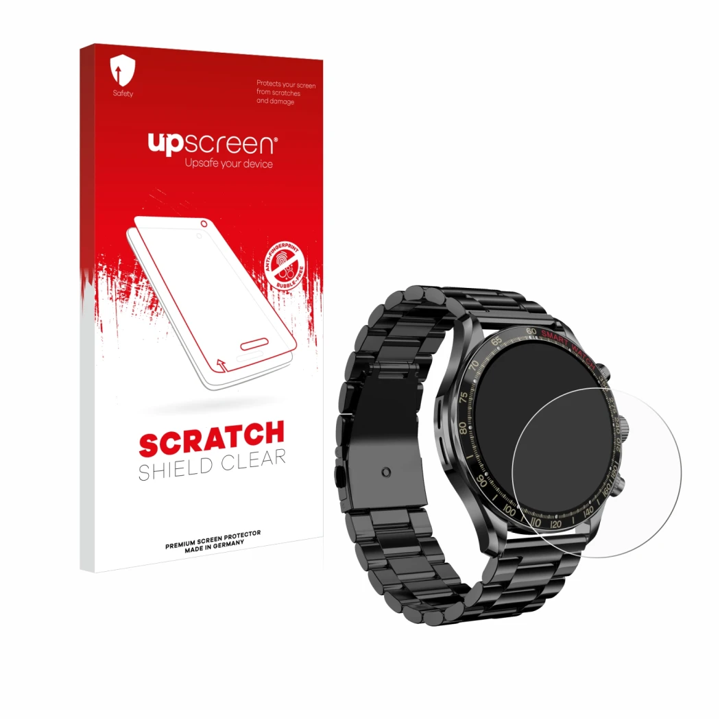 Face avant d’un emballage produit avec le logo de la marque upscreen. À côté, l’appareil Maoo Titan Smartwatch 1.43