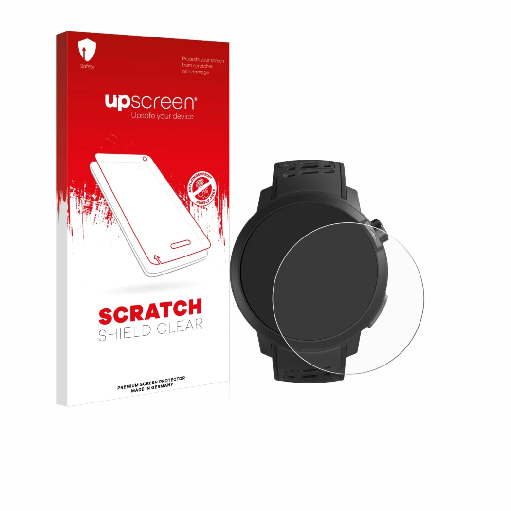 Face avant d’un emballage produit avec le logo de la marque upscreen. À côté, l’appareil Coros Pace Pro est représenté avec la