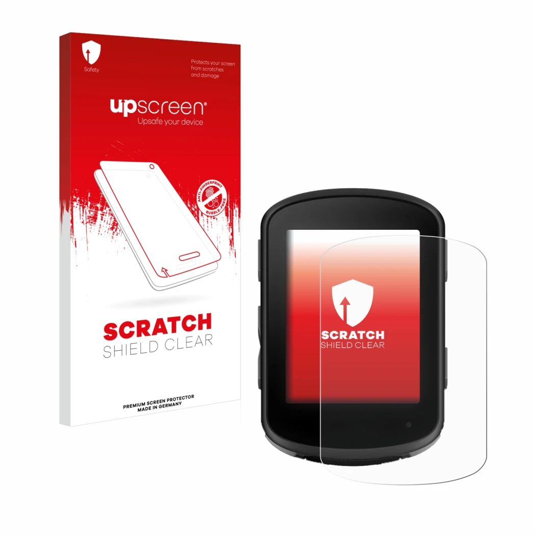 Face avant d’un emballage produit avec le logo de la marque upscreen. À côté, l’appareil Garmin Edge 840 Solar est représenté