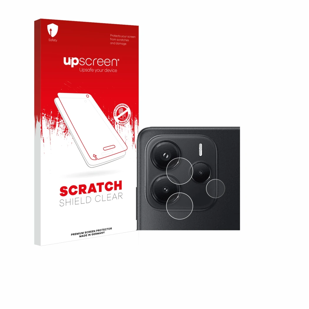 Face avant d’un emballage produit avec le logo de la marque upscreen. À côté, l’appareil Xiaomi Redmi Note 14 (Caméra UNIQUEME