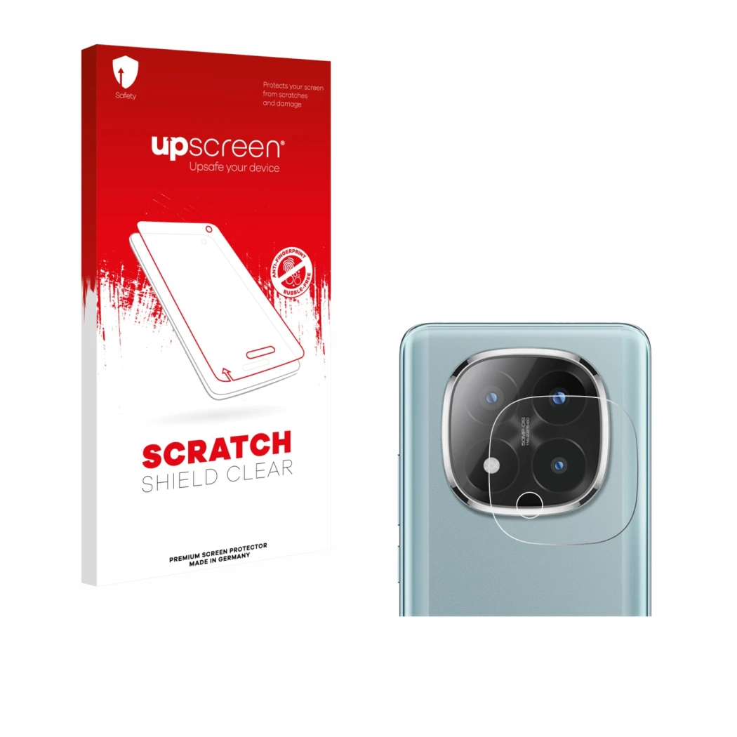 Face avant d’un emballage produit avec le logo de la marque upscreen. À côté, l’appareil Xiaomi Redmi Note 14 Pro Plus (Caméra