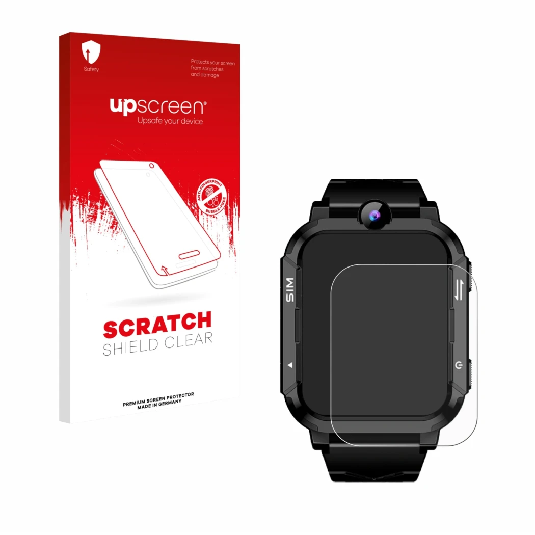 Face avant d’un emballage produit avec le logo de la marque upscreen. À côté, l’appareil Blackview Z20 Kids Smartwatch est rep
