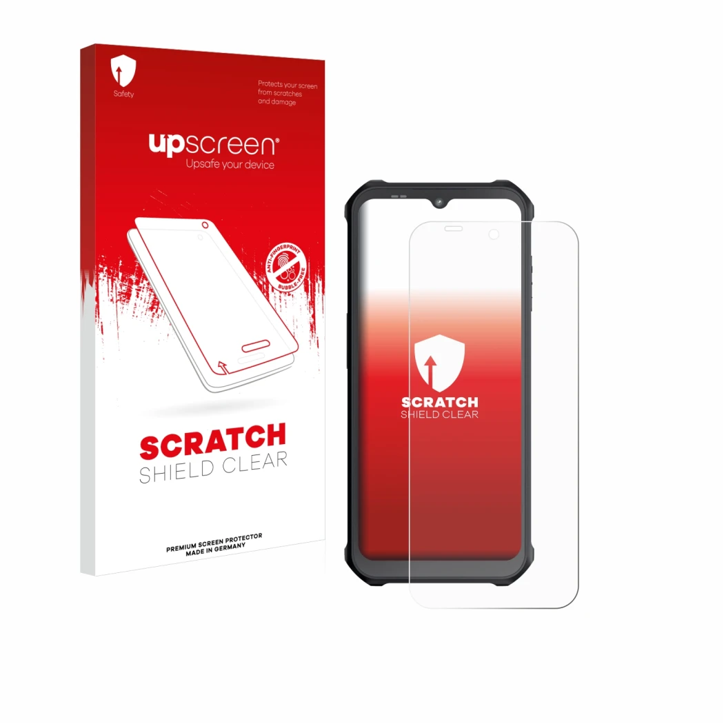 Face avant d’un emballage produit avec le logo de la marque upscreen. À côté, l’appareil Sonim XP400 est représenté avec la pr