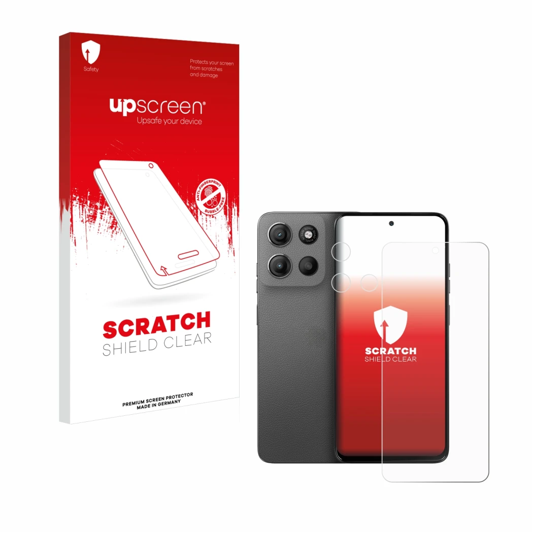 Face avant d’un emballage produit avec le logo de la marque upscreen. À côté, l’appareil Motorola Moto G15 (Avant+Caméra) est