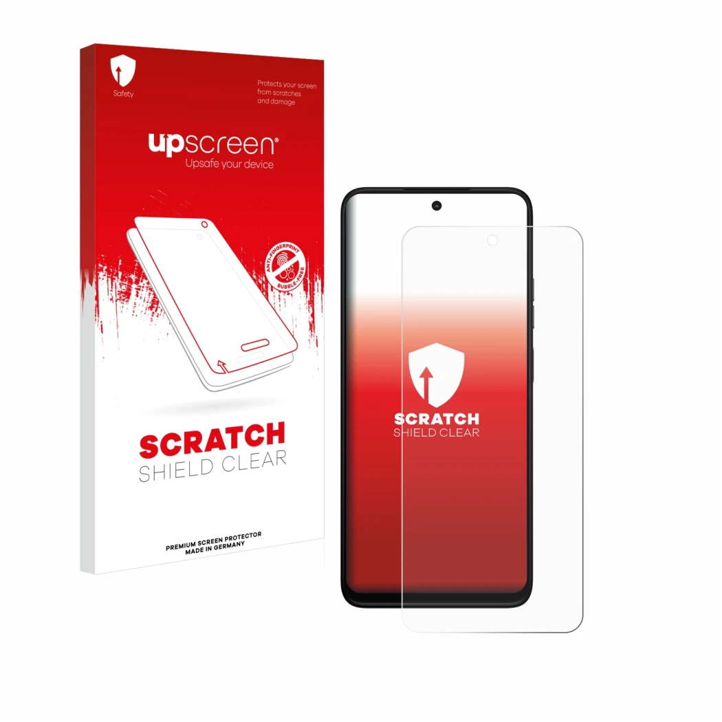 Face avant d’un emballage produit avec le logo de la marque upscreen. À côté, l’appareil Motorola Moto G35 est représenté avec
