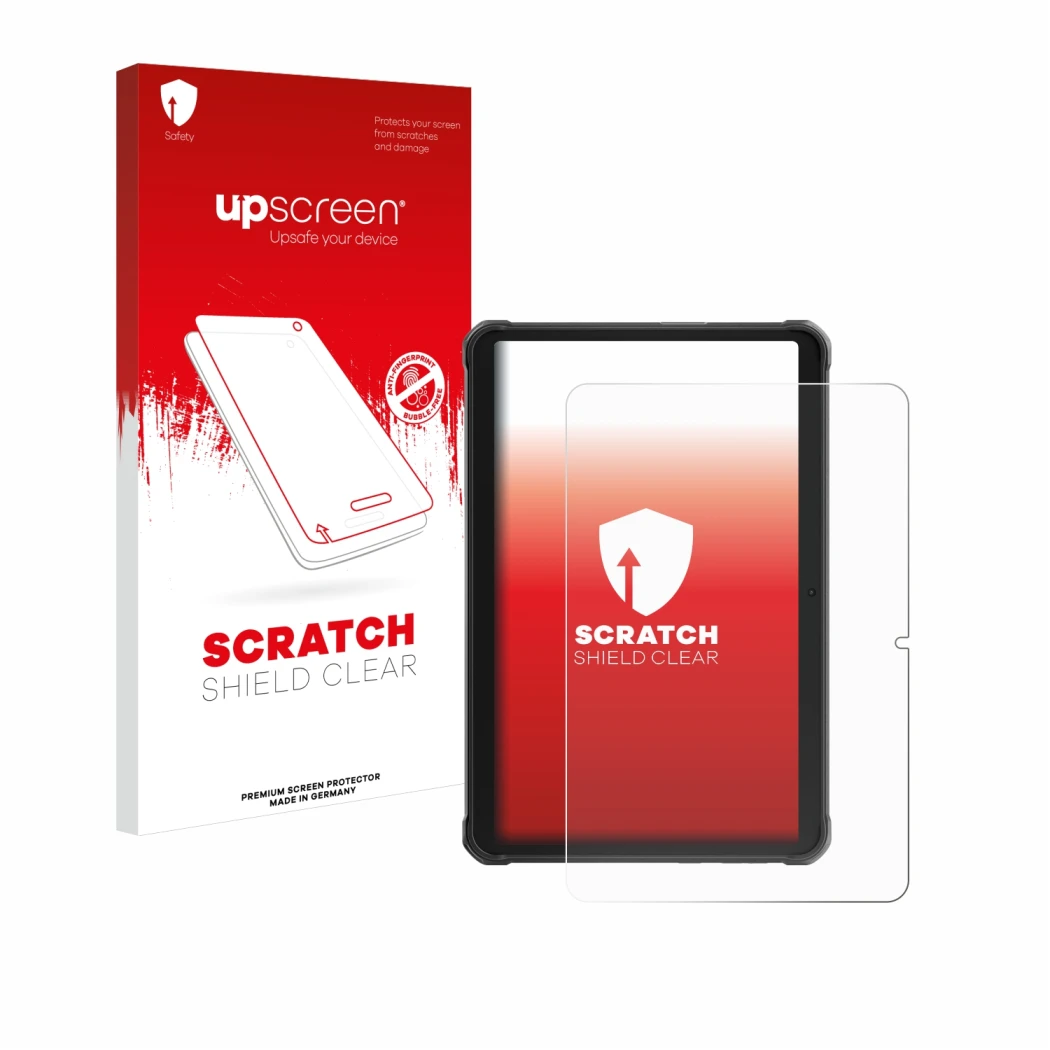 Face avant d’un emballage produit avec le logo de la marque upscreen. À côté, l’appareil Hotwav R8 est représenté avec la prot