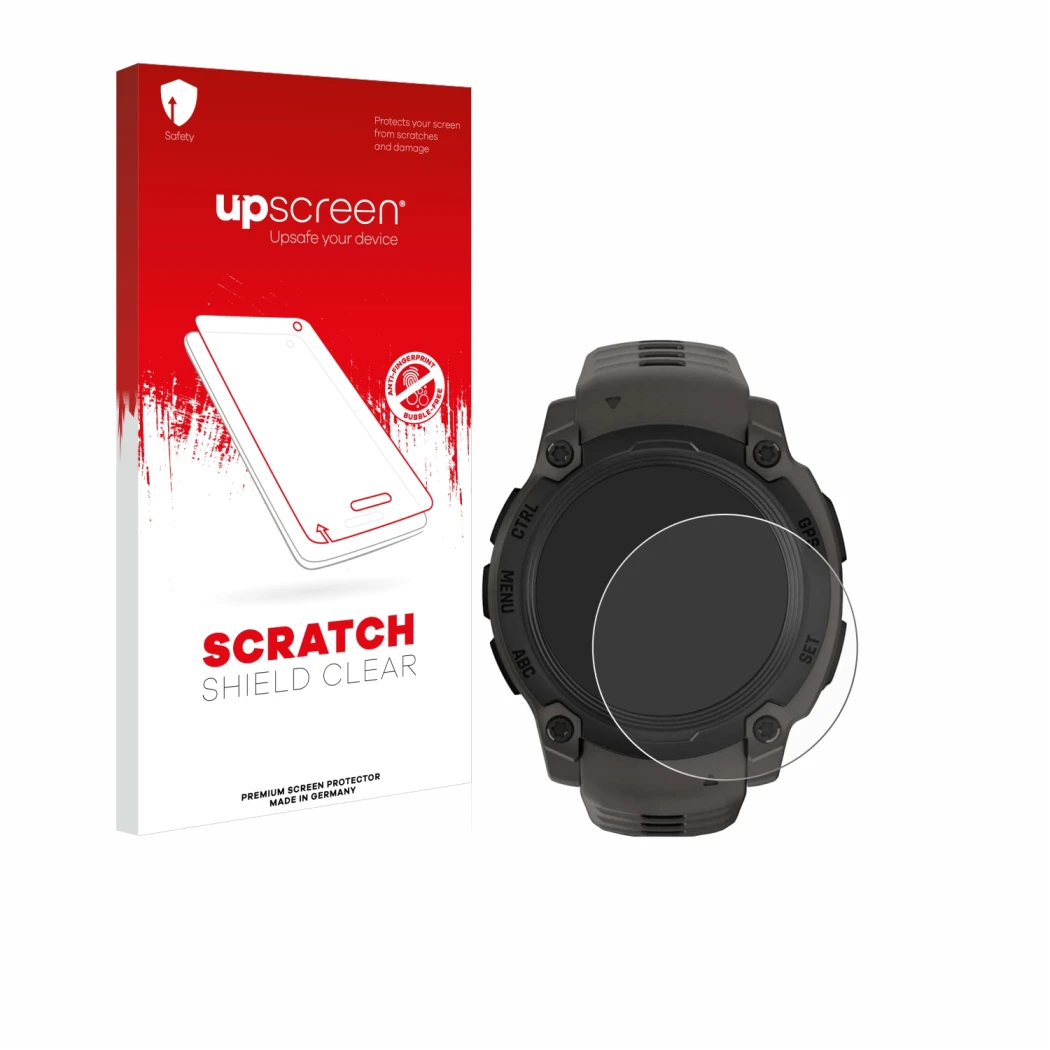 Face avant d’un emballage produit avec le logo de la marque upscreen. À côté, l’appareil Garmin Instinct E (40 mm) est représe
