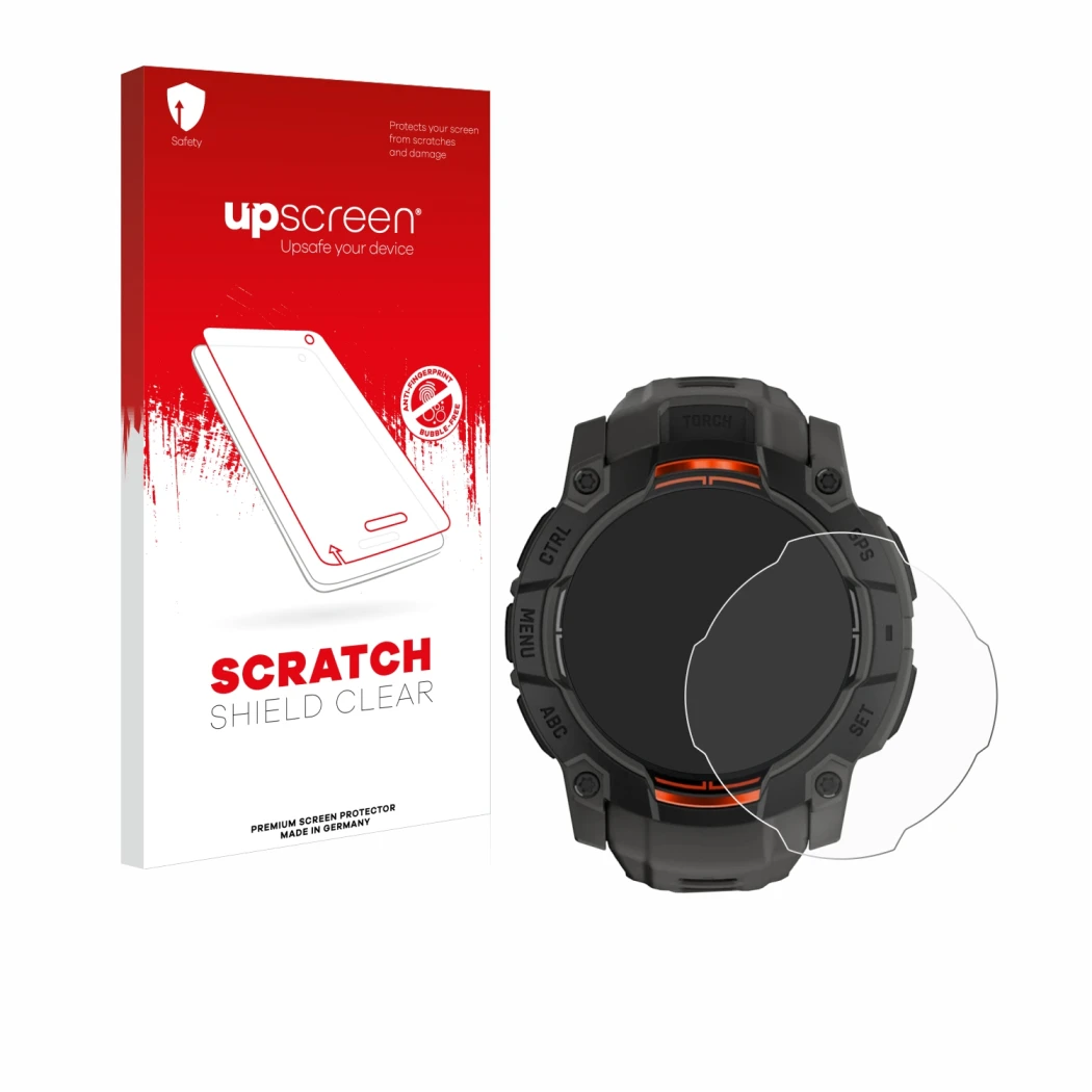 Face avant d’un emballage produit avec le logo de la marque upscreen. À côté, l’appareil Garmin Instinct 3 Solar (50 mm) est r