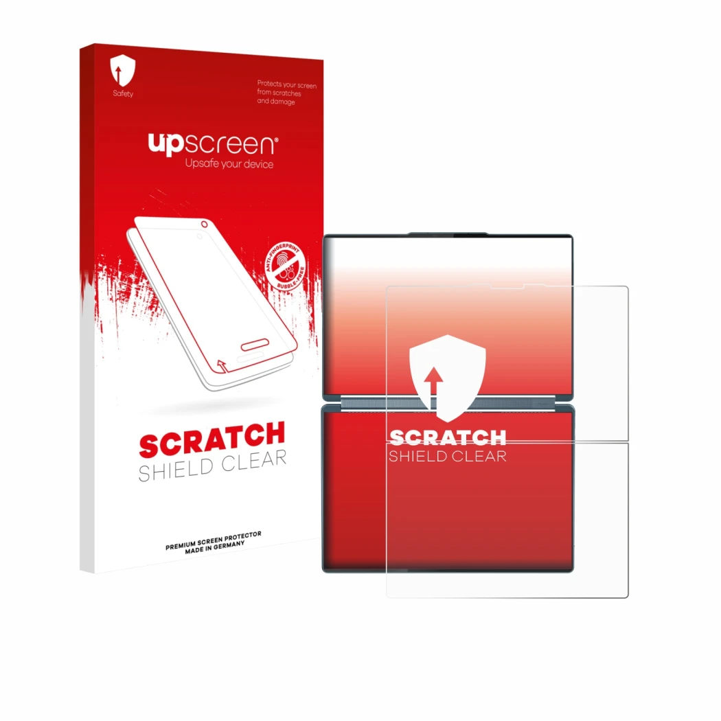 Face avant d’un emballage produit avec le logo de la marque upscreen. À côté, l’appareil Lenovo Yoga Book 9i Gen 10 est représ