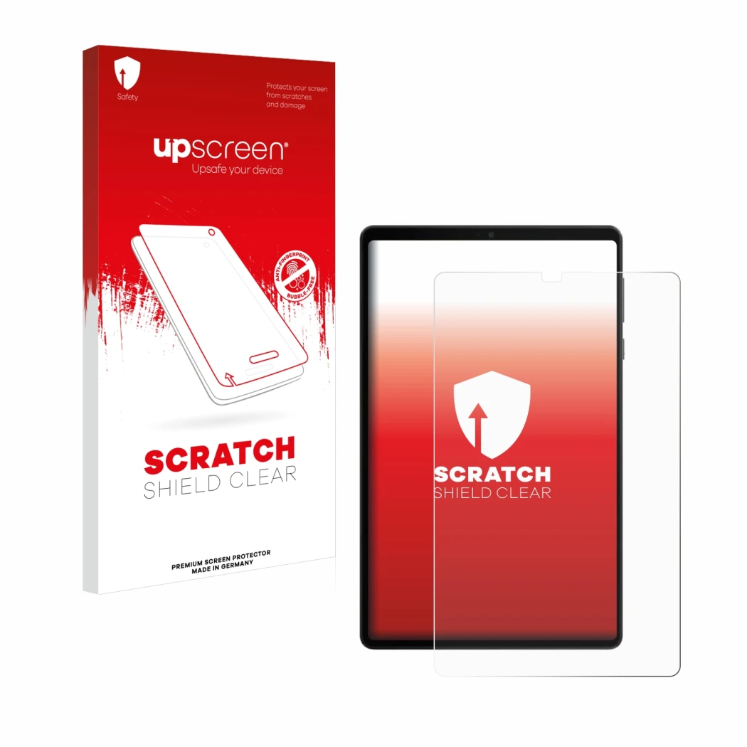 Face avant d’un emballage produit avec le logo de la marque upscreen. À côté, l’appareil Lenovo Legion Tab Gen 3 est représent