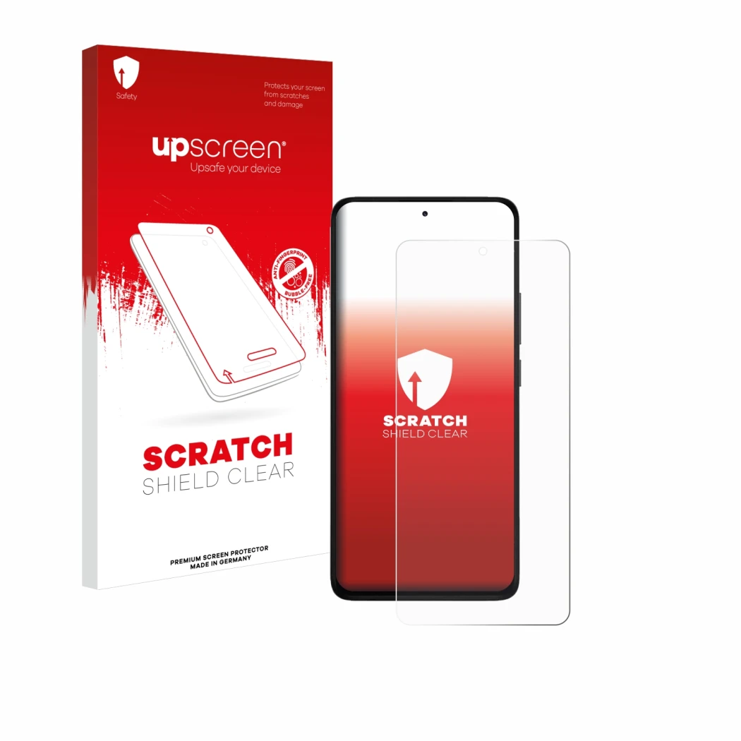 Face avant d’un emballage produit avec le logo de la marque upscreen. À côté, l’appareil Xiaomi Redmi Note 14 4G est représent