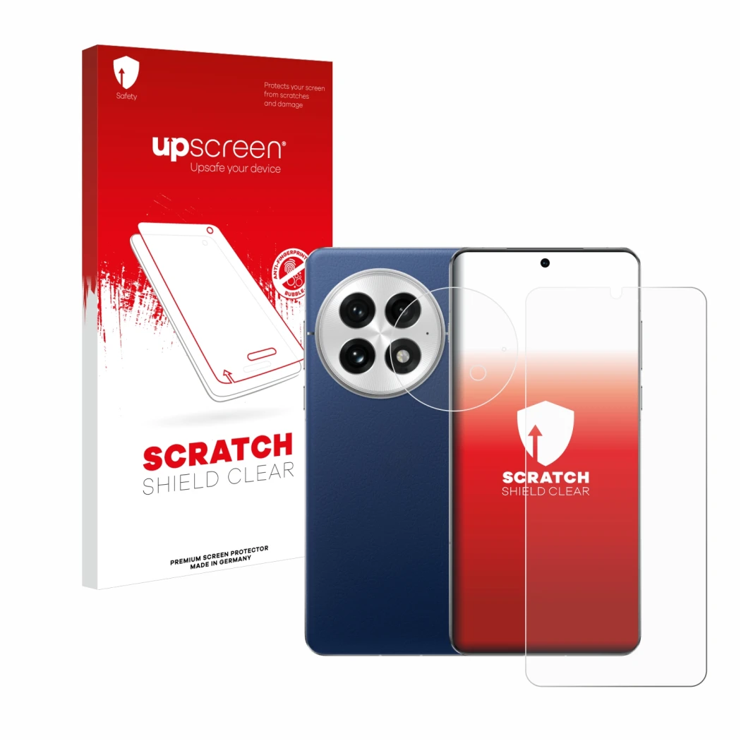 Face avant d’un emballage produit avec le logo de la marque upscreen. À côté, l’appareil OnePlus 13 (Avant+Caméra) est représe