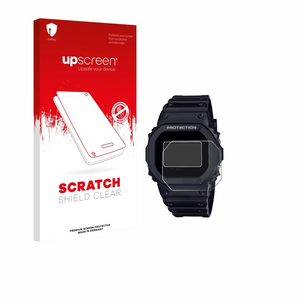 Face avant d’un emballage produit avec le logo de la marque upscreen. À côté, l’appareil Casio G-Shock DW-5600RL-1 est représe
