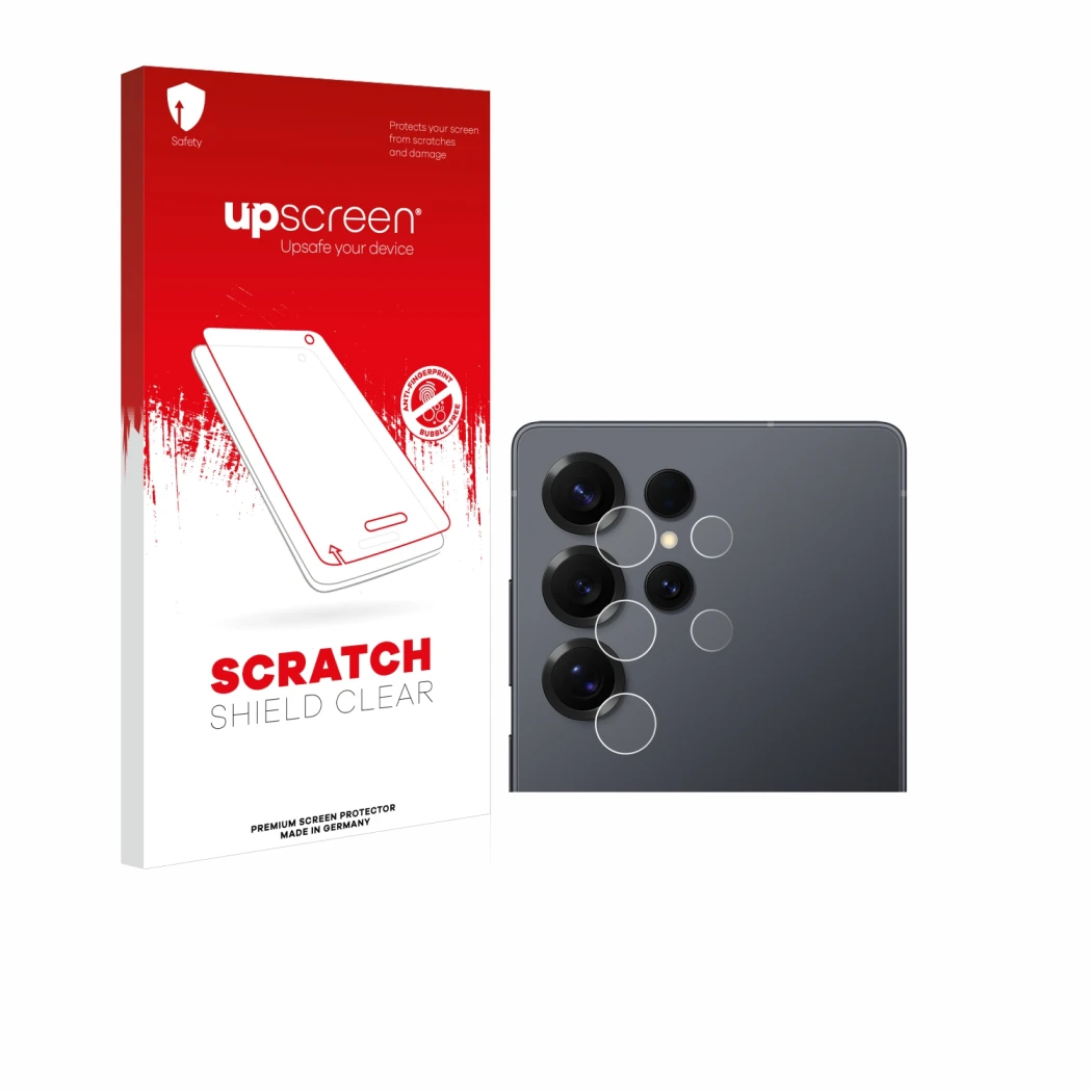 Face avant d’un emballage produit avec le logo de la marque upscreen. À côté, l’appareil Samsung Galaxy S25 Ultra (Caméra UNIQ