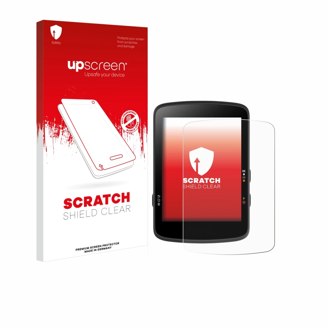 Face avant d’un emballage produit avec le logo de la marque upscreen. À côté, l’appareil Bryton Rider 17 est représenté avec l