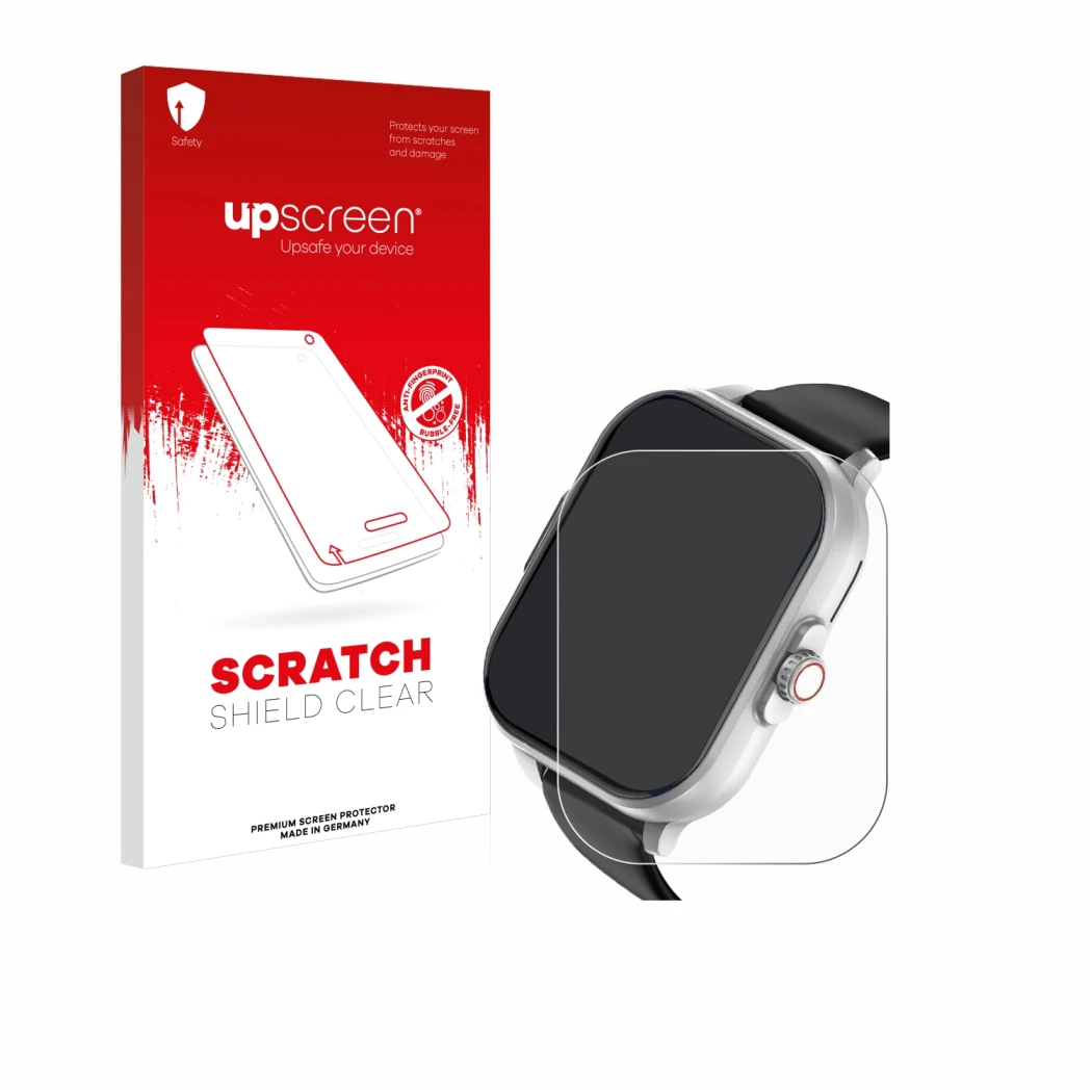 Face avant d’un emballage produit avec le logo de la marque upscreen. À côté, l’appareil YYKY E02 2.01
