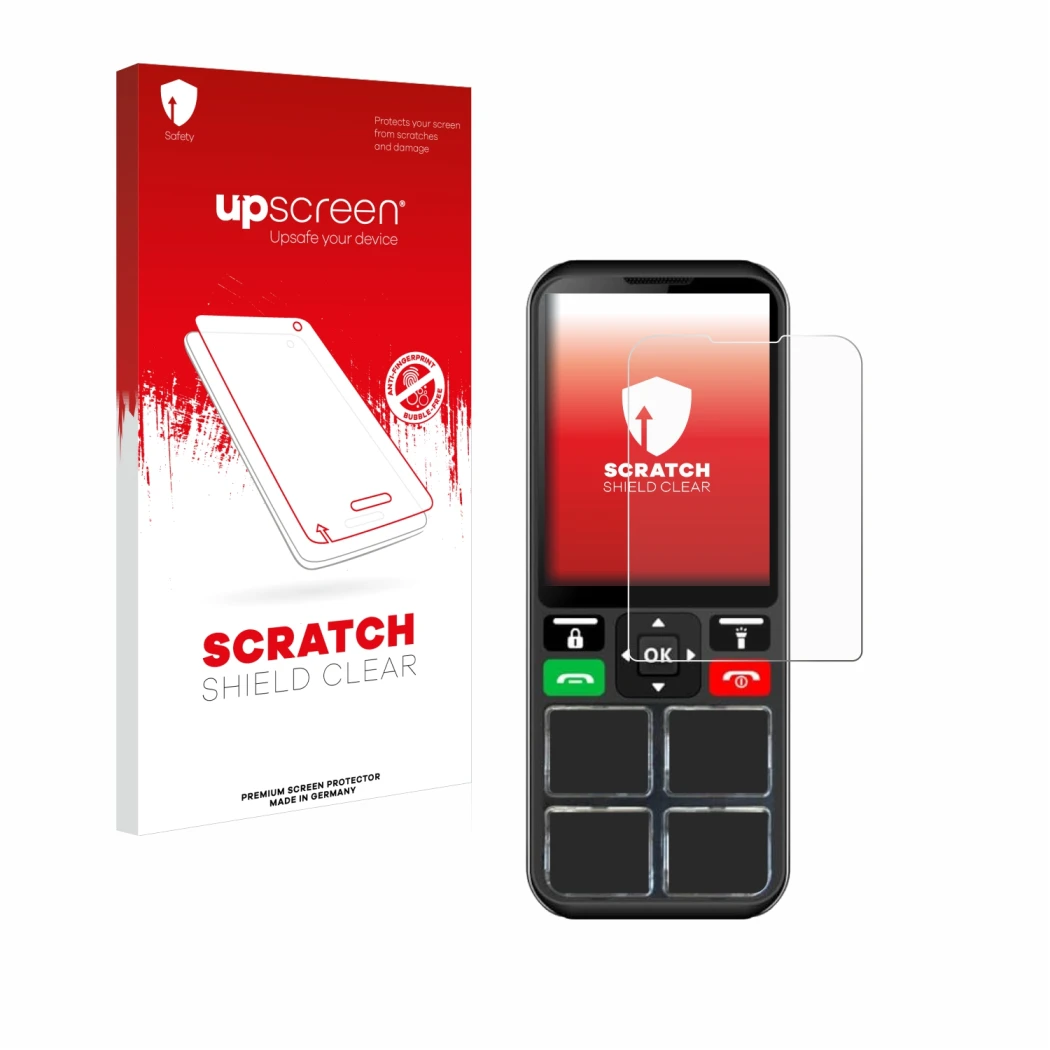 Face avant d’un emballage produit avec le logo de la marque upscreen. À côté, l’appareil Geemarc CL8000 est représenté avec la
