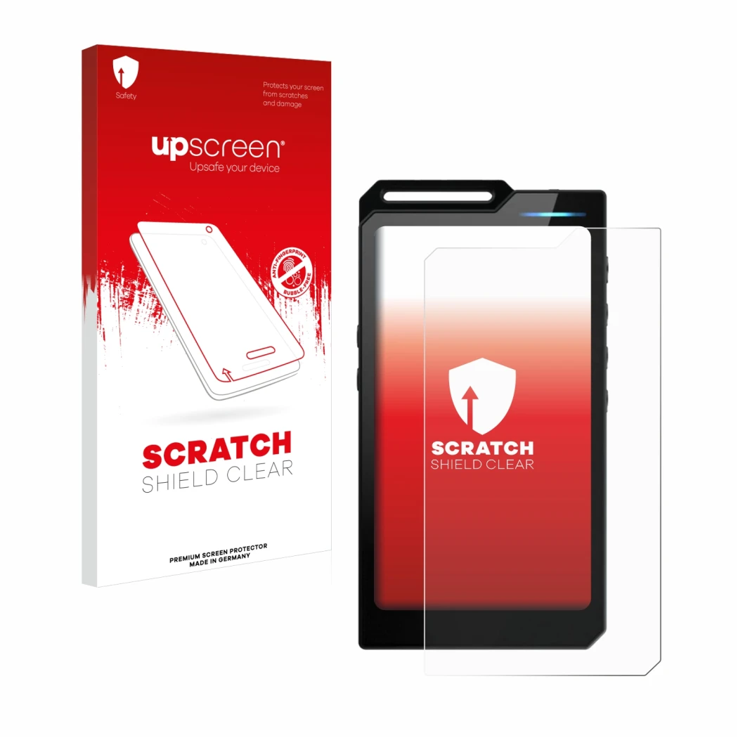 Face avant d’un emballage produit avec le logo de la marque upscreen. À côté, l’appareil Hiby R4 est représenté avec la protec