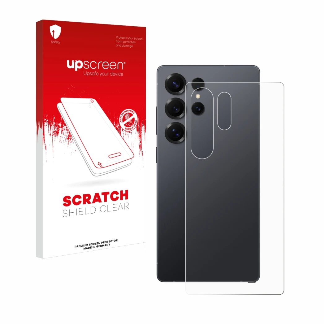 Face avant d’un emballage produit avec le logo de la marque upscreen. À côté, l’appareil Samsung Galaxy S25 Ultra Enterprise E