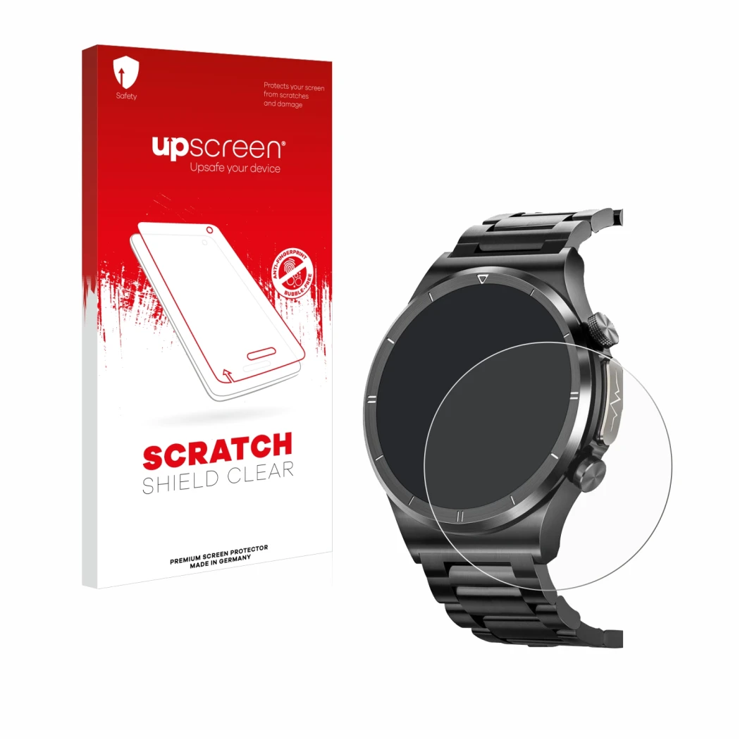 Face avant d’un emballage produit avec le logo de la marque upscreen. À côté, l’appareil Banlvs Smartwatch 1.39