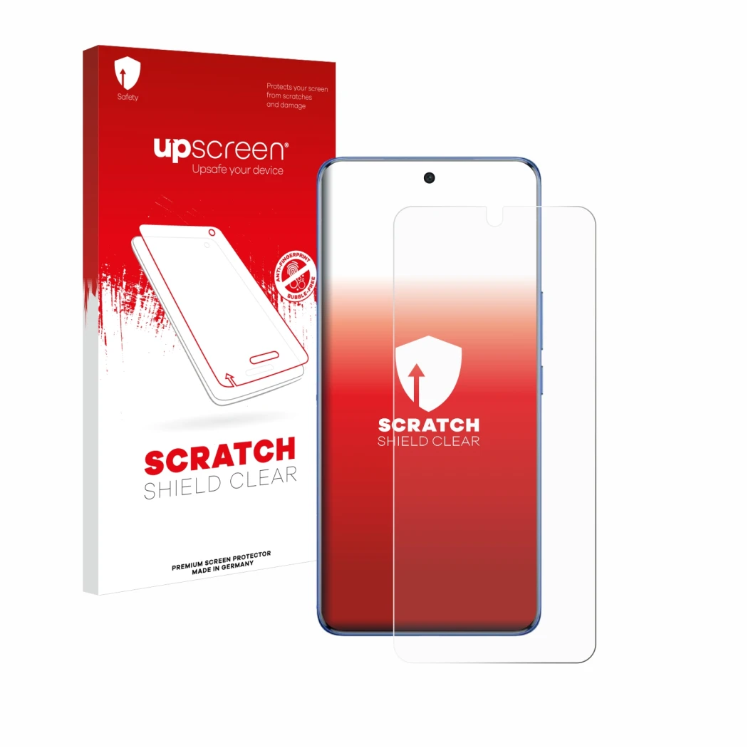Face avant d’un emballage produit avec le logo de la marque upscreen. À côté, l’appareil Vivo V50 est représenté avec la prote