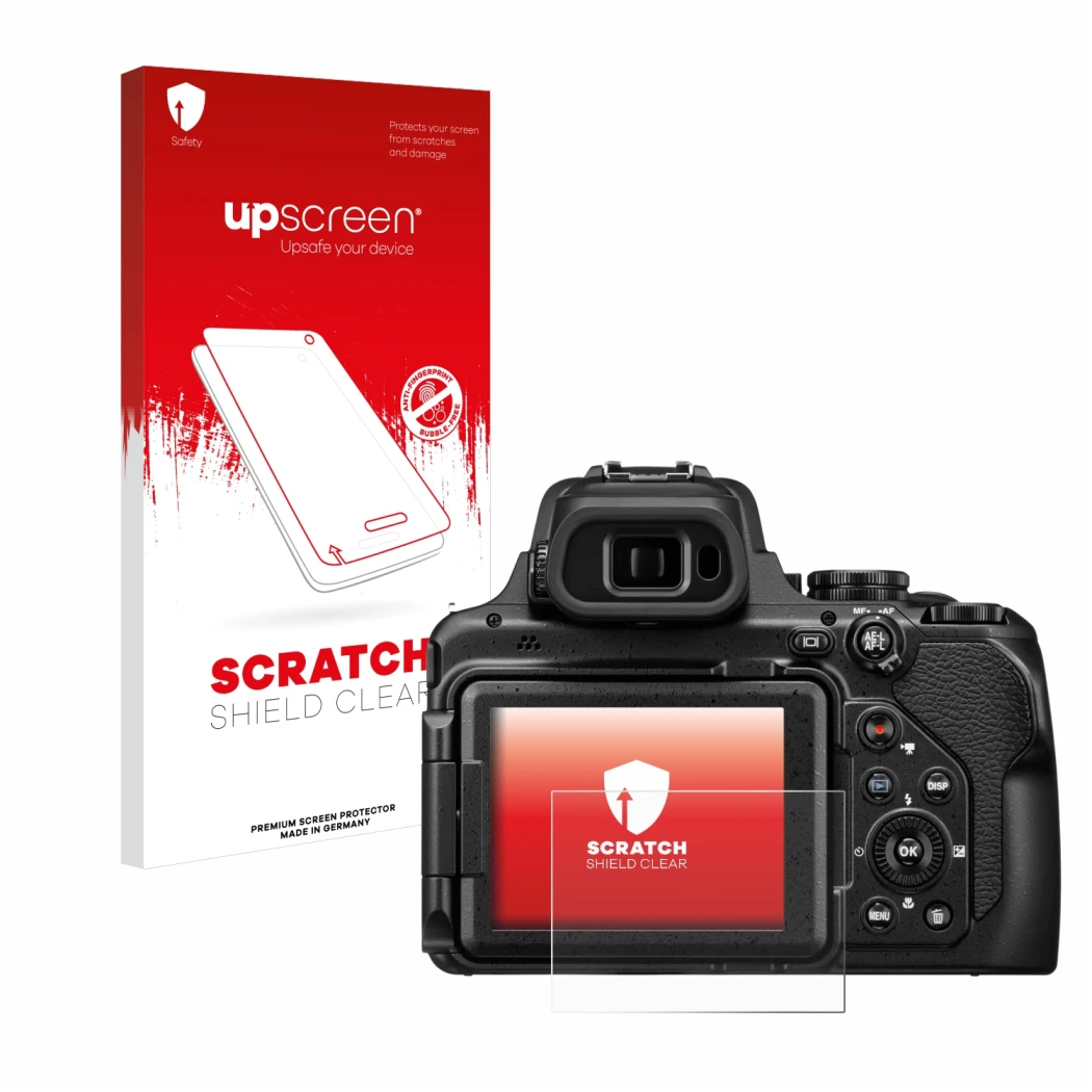 Face avant d’un emballage produit avec le logo de la marque upscreen. À côté, l’appareil Nikon Coolpix P1100 est représenté av