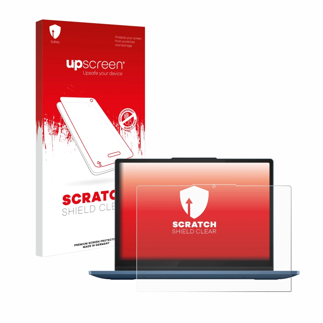 Face avant d’un emballage produit avec le logo de la marque upscreen. À côté, l’appareil Lenovo IdeaPad Flex 3i Chromebook 12