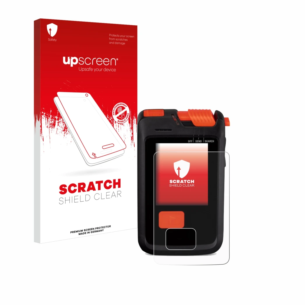 Face avant d’un emballage produit avec le logo de la marque upscreen. À côté, l’appareil Mammut Barryvox S2 est représenté ave