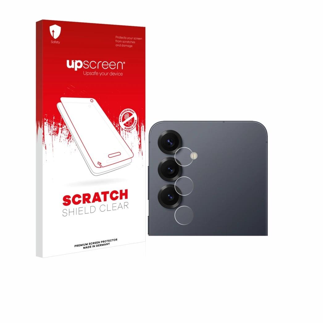 Face avant d’un emballage produit avec le logo de la marque upscreen. À côté, l’appareil Samsung Galaxy S25 Enterprise Edition