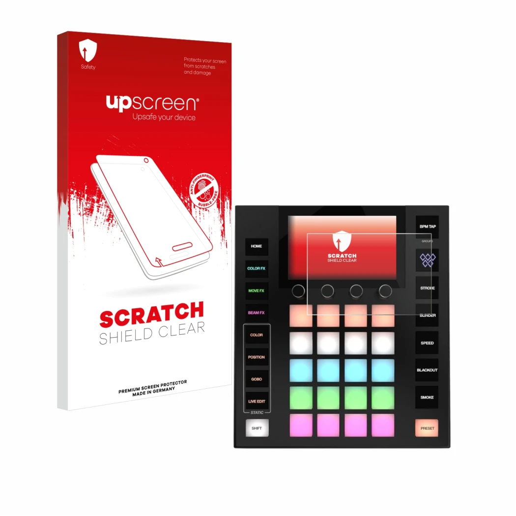 Face avant d’un emballage produit avec le logo de la marque upscreen. À côté, l’appareil Wolfmix W1 MK2 est représenté avec la